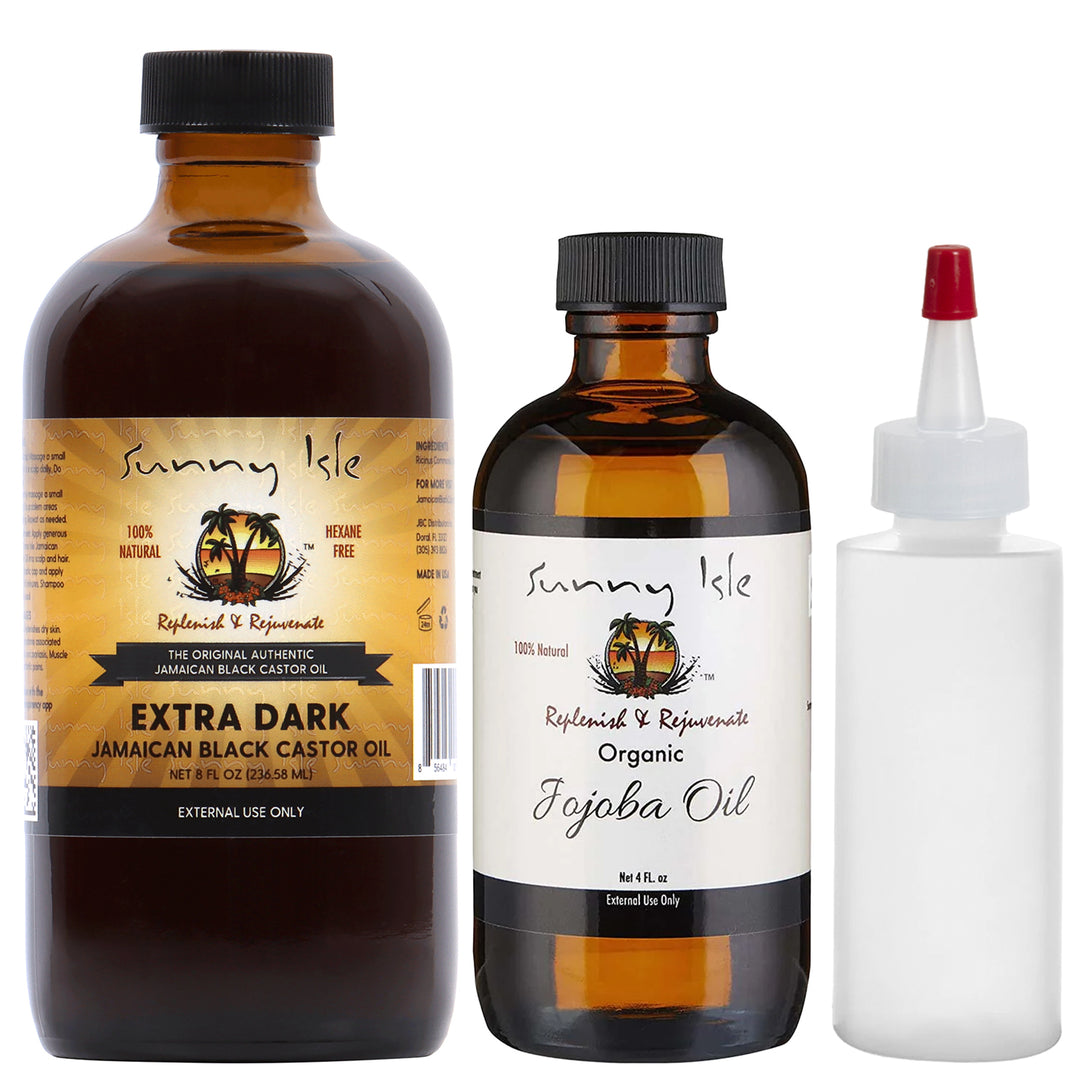 Sunny Isle Extra Dark Jamaican Black Castor Oil 8oz Jojoba Oil 4oz and Applicator Bundle
