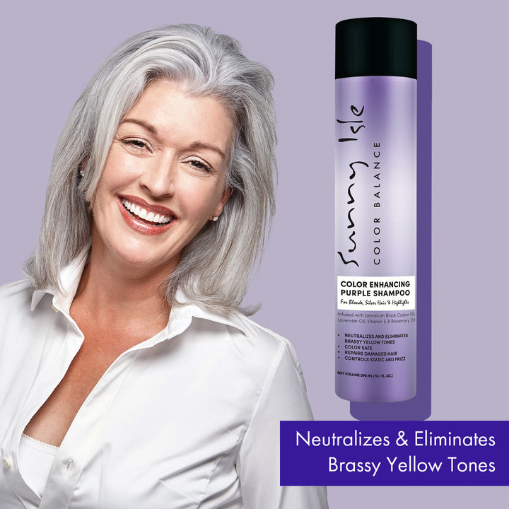 Sunny Isle Color Enhancing Purple Shampoo Lifestyle mature woman gray hair.