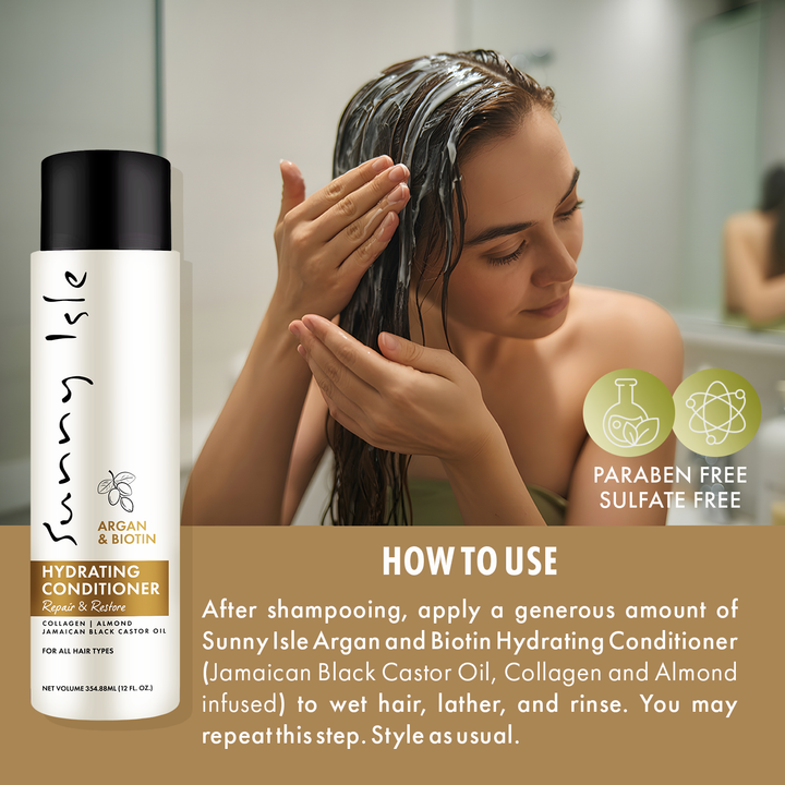 Sunny Isle Argan & Biotin Hydrating Shampoo, Conditioner Heat Protectant Bundle