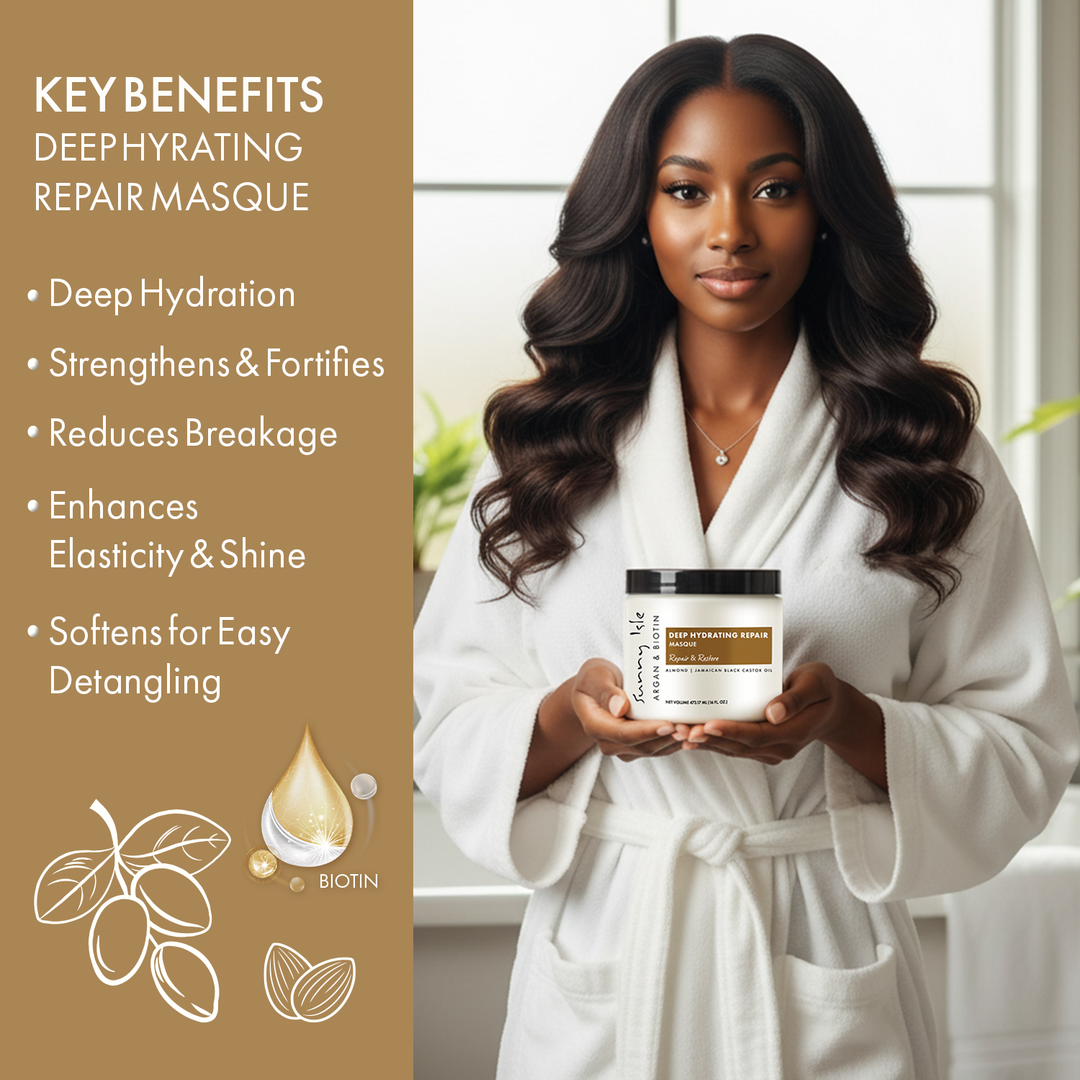 Sunny Isle Argan and Biotin Deep Hydrating Repair Masque 16oz key benefits infographic