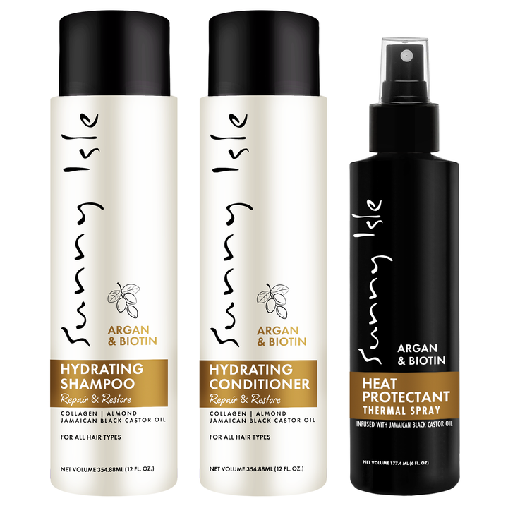 Sunny Isle Argan & Biotin Hydrating Shampoo, Conditioner Heat Protectant Bundle