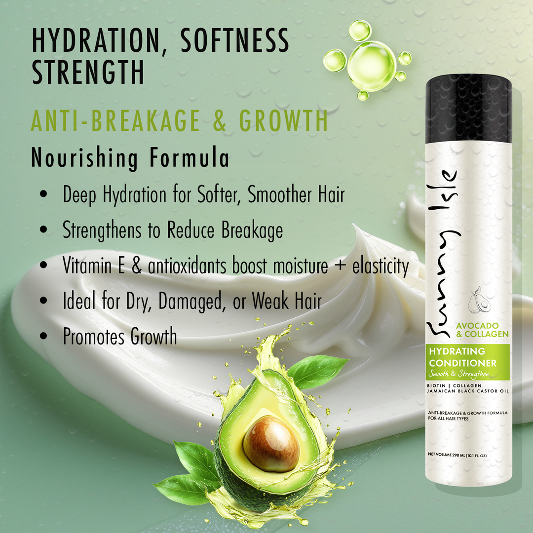 Sunny Isle Avocado and Collagen Hydrating Conditioner infographic with features and benefits of this conditioner.