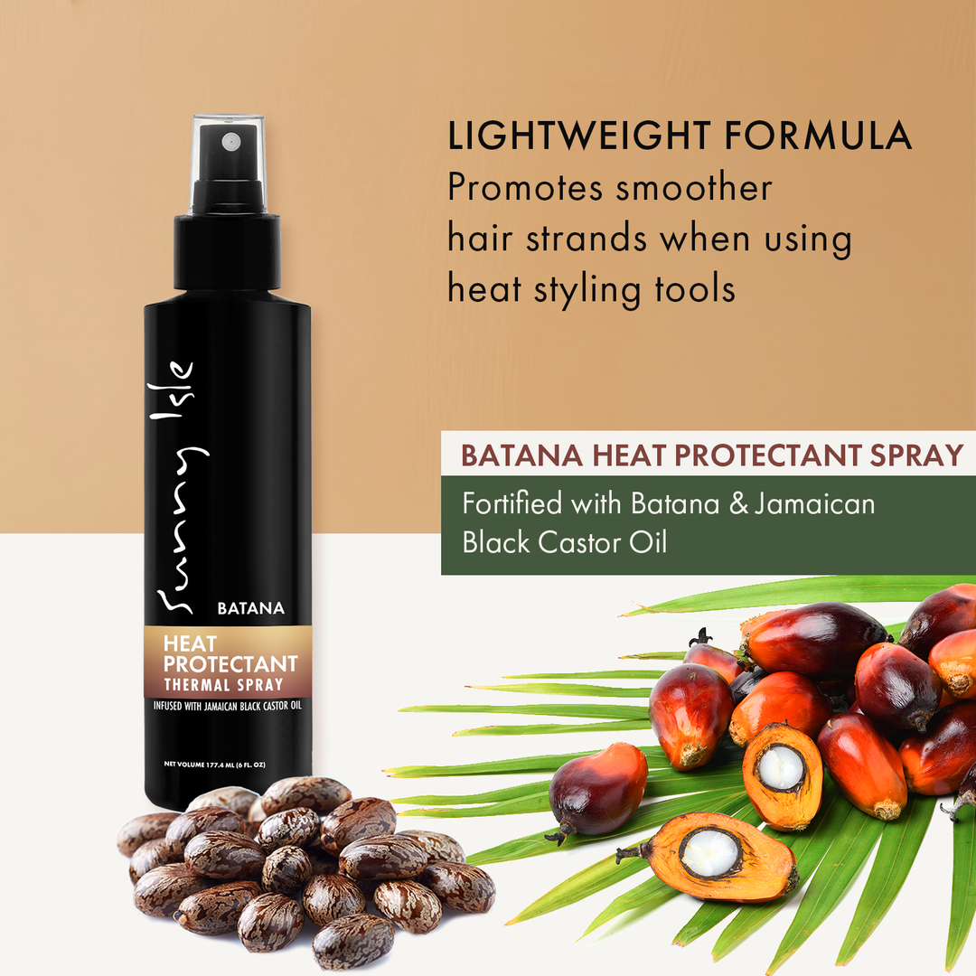 Sunny Isle Batana Heat Protectant Thermal Spray 6oz infographic lightweight formula