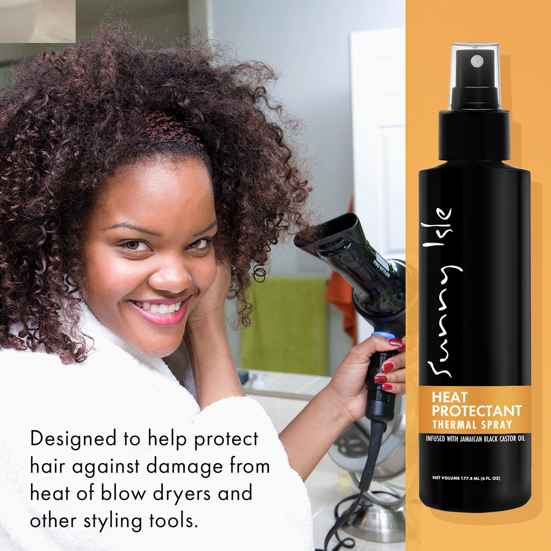 Sunny Isle Jamaican Black Castor Oil Heat Protectant Thermal Spray 6oz woman blowdryer