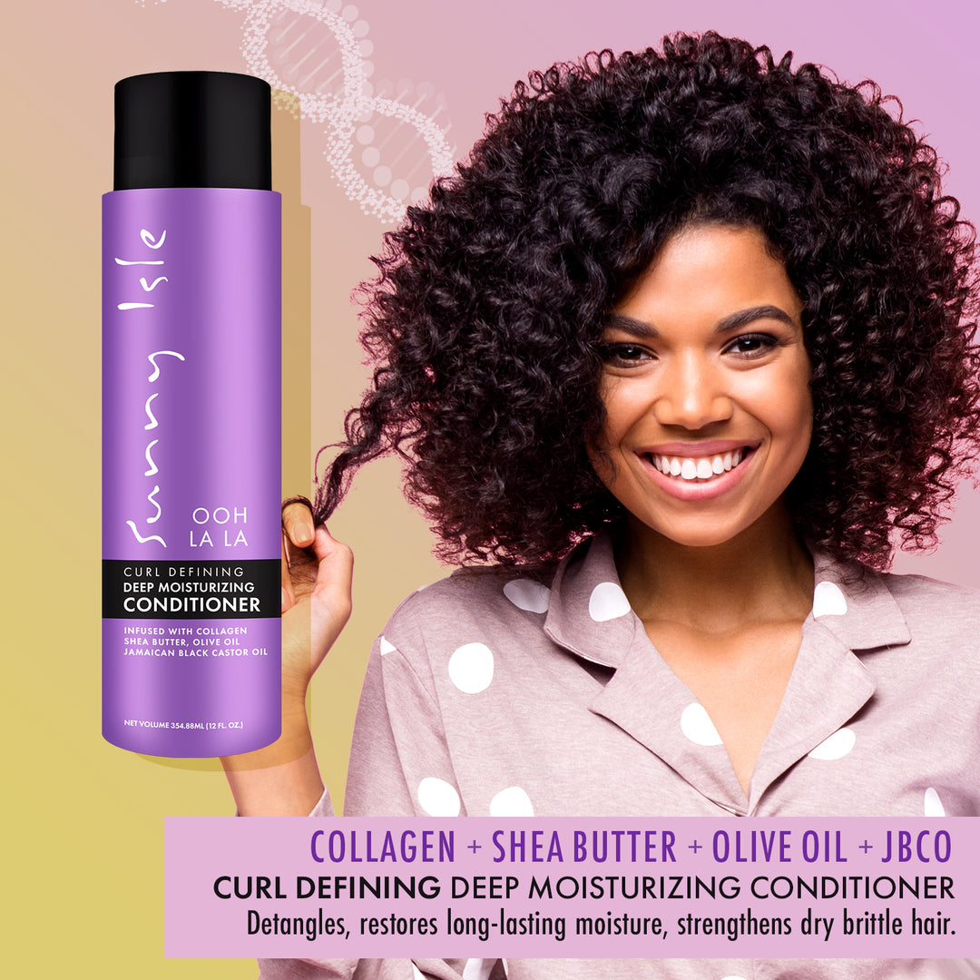 Sunny Isle Ooh La La Curl Defining Deep Moisturizing Conditioner 12oz lifestyle infused with collagen, shea butter and olive oil