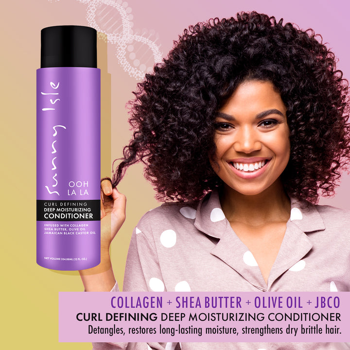 Sunny Isle Ooh La La Curl Defining Deep Moisturizing Conditioner 12oz lifestyle infused with collagen, shea butter and olive oil