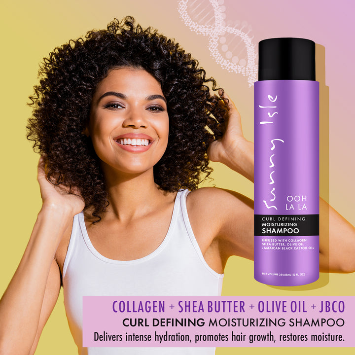 Sunny Isle Ooh La La Curl Defining Moisturizing Shampoo 12oz infused with collagen, shea butter, olive oil - lifestyle woman touching hair