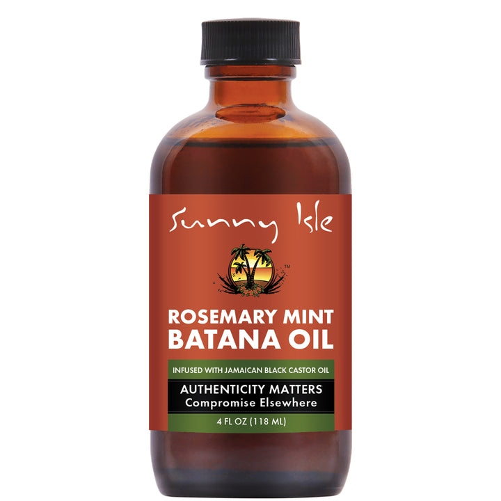 Bottle of Sunny Isle Rosemary Mint Batana Oil front on a white background 