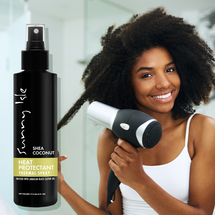 Sunny Isle Shea Coconut Heat Protectant Thermal Spray 6oz woman blowdryer